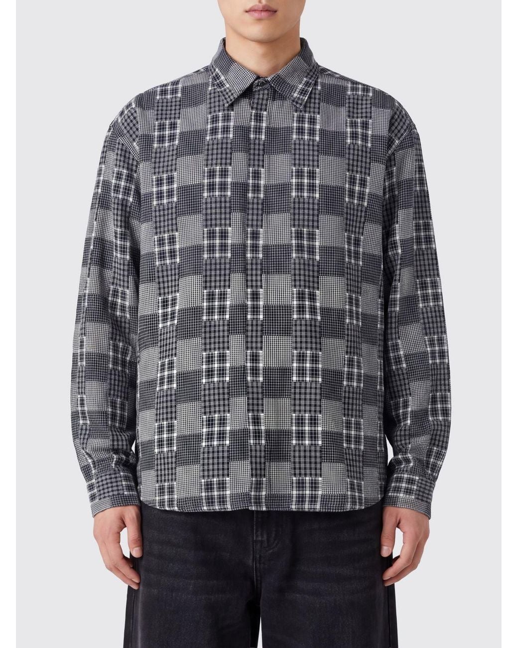 ERL Gray Patchwork Cotton Long-Sleeve Shirt With Curved Hem for men