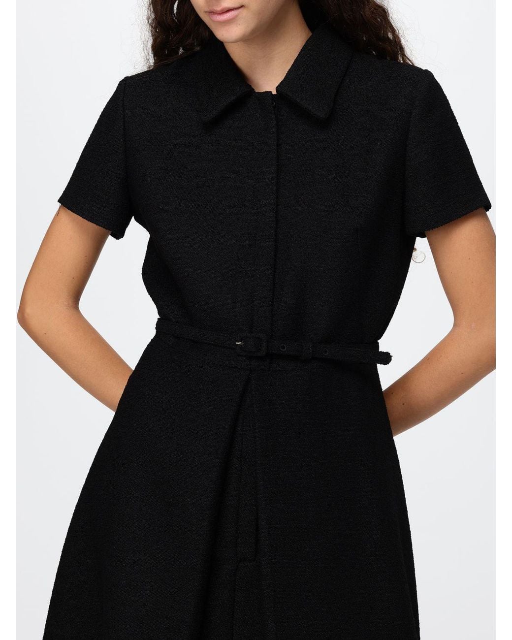 Fendi Black Wool Bouclé Midi Shirtdress With Classic Collar And Belt