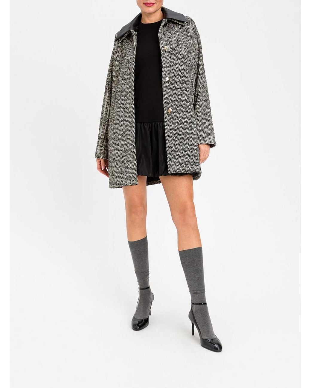 Twinset Gray Single-Breasted Wool Blend Coat With Leather Collar
