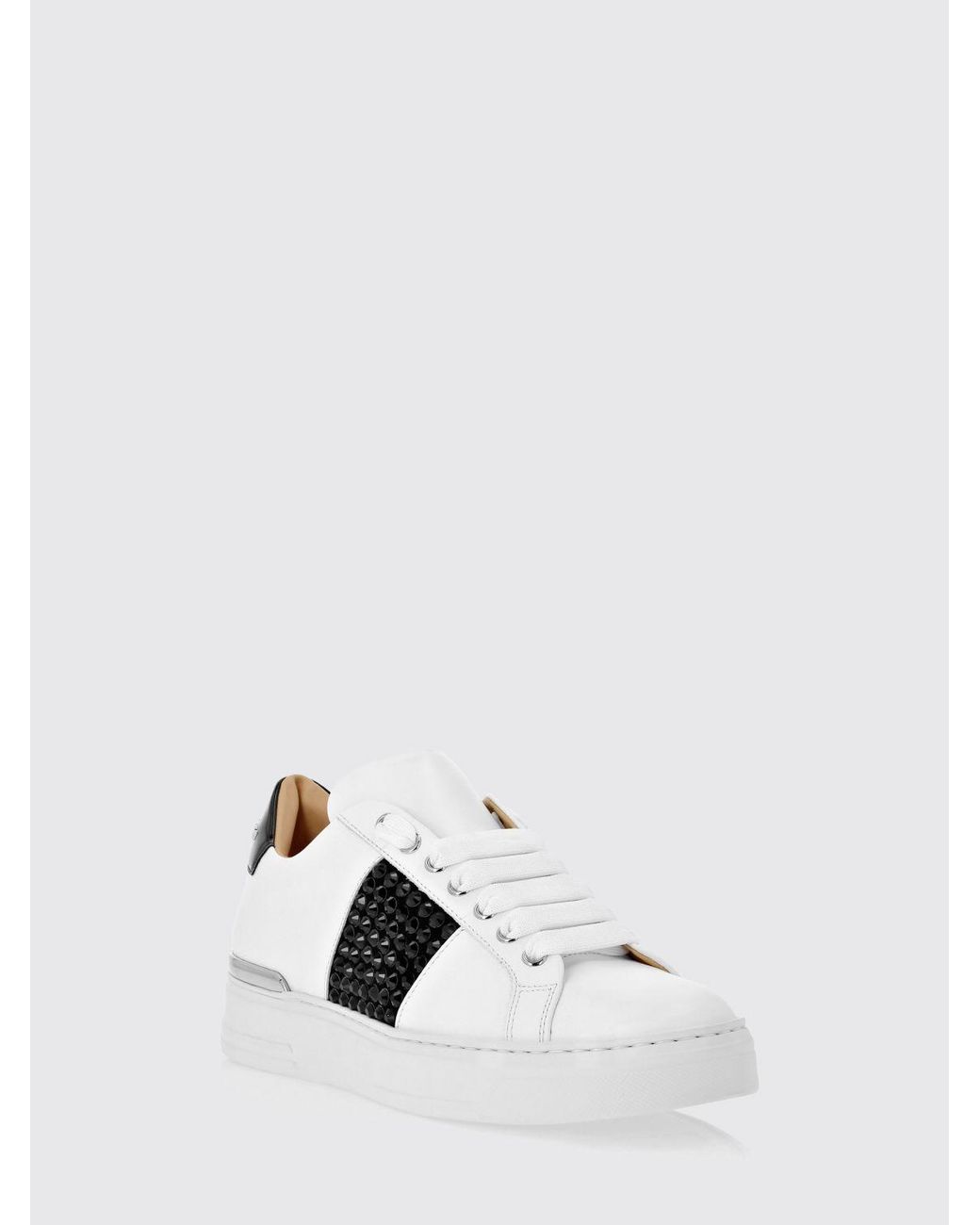 Philipp Plein White Leather Low-Top Sneakers With Rhinestones And Abstract Embroidery