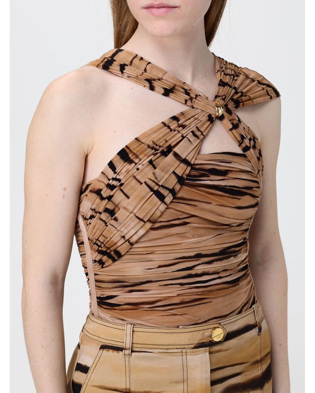 Elisabetta Franchi Natural Animal Print Jersey Bodysuit Top