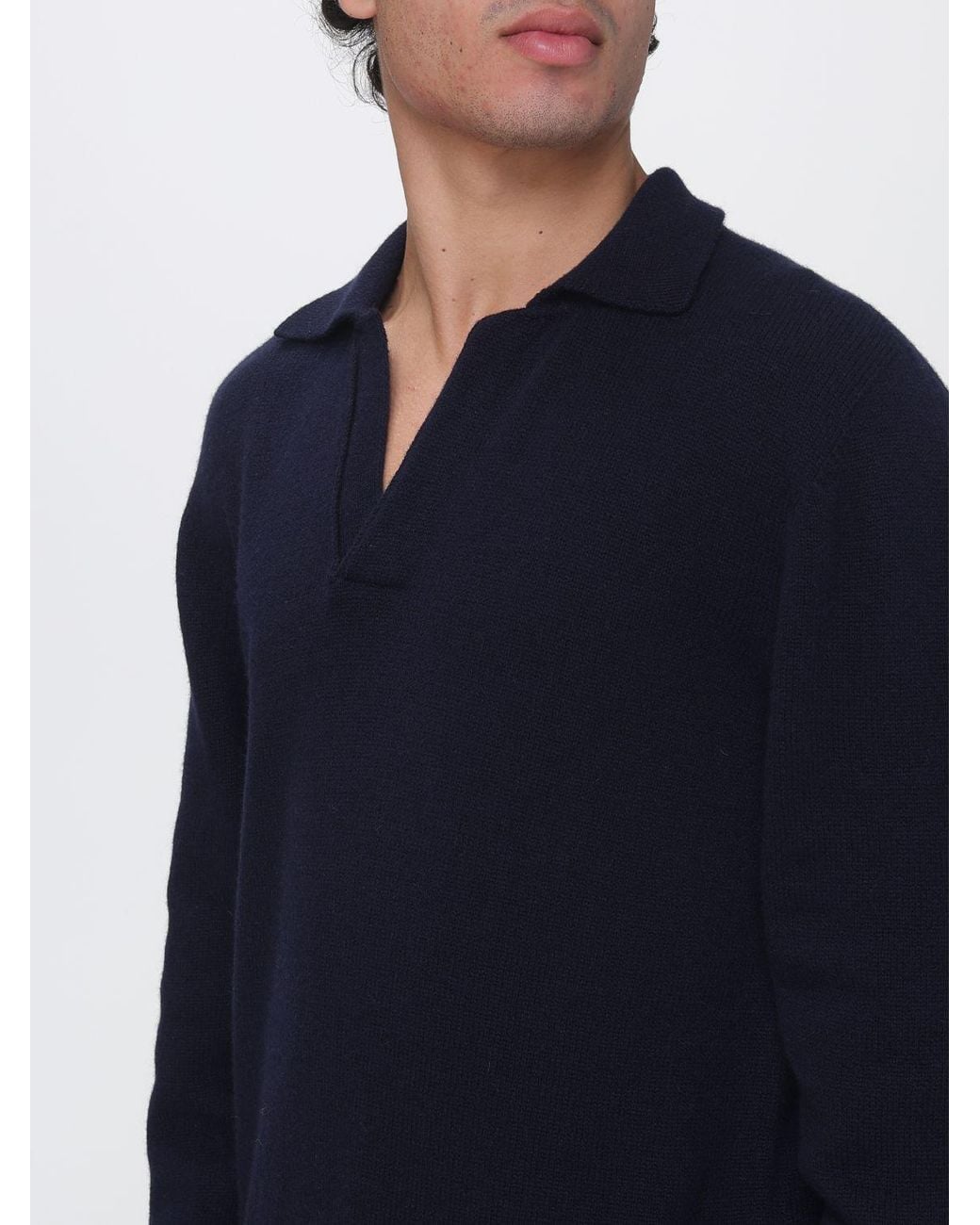 Laneus Blue Long-Sleeved Merino Wool And Cashmere Knit Polo for men