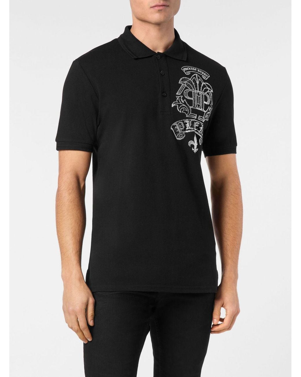 Philipp Plein Black Short-Sleeved Cotton Polo Shirt With Rhinestone Hexagon Logo for men