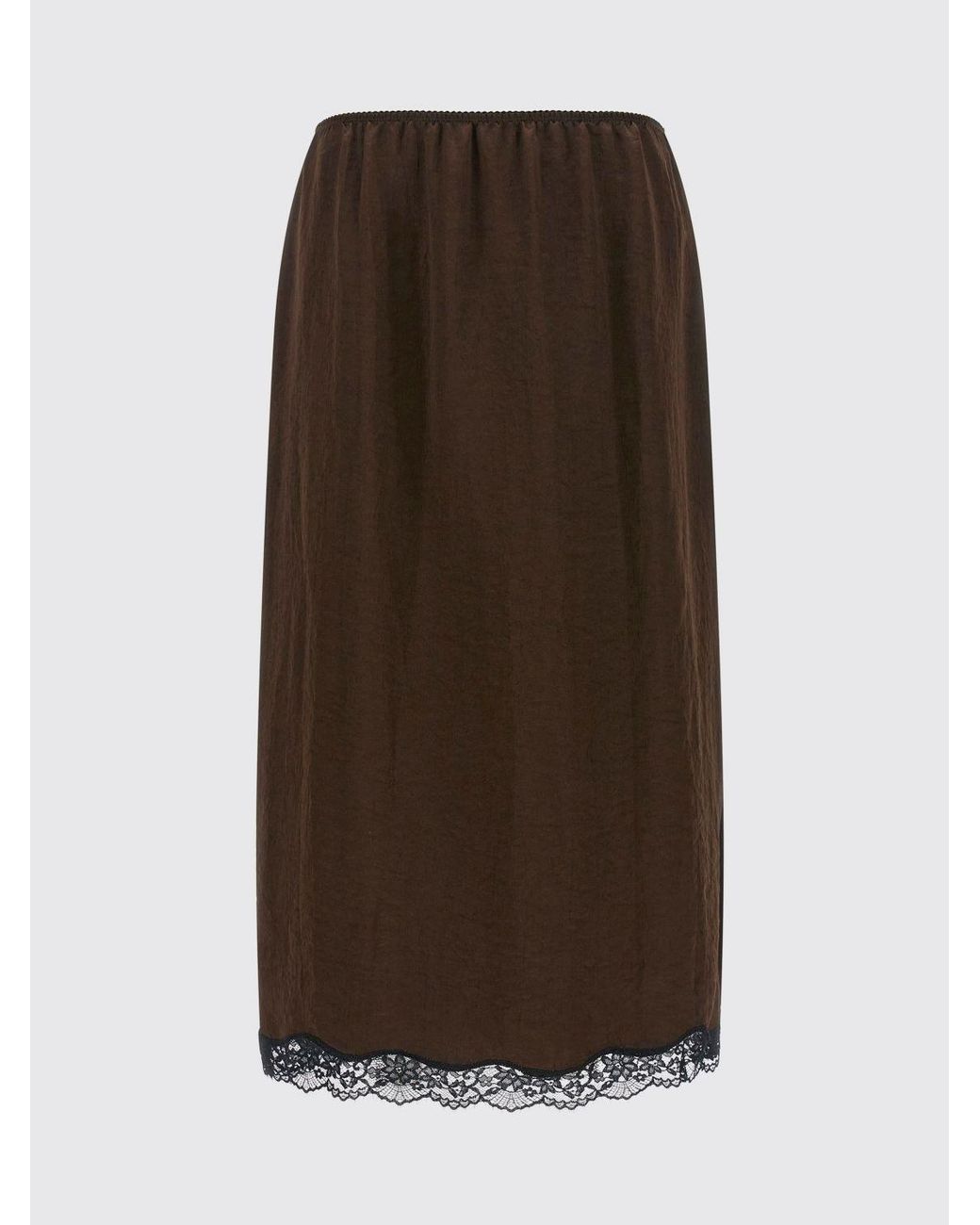 Twinset Brown A-Line Satin Midi Skirt With Lace Inserts And High Waist