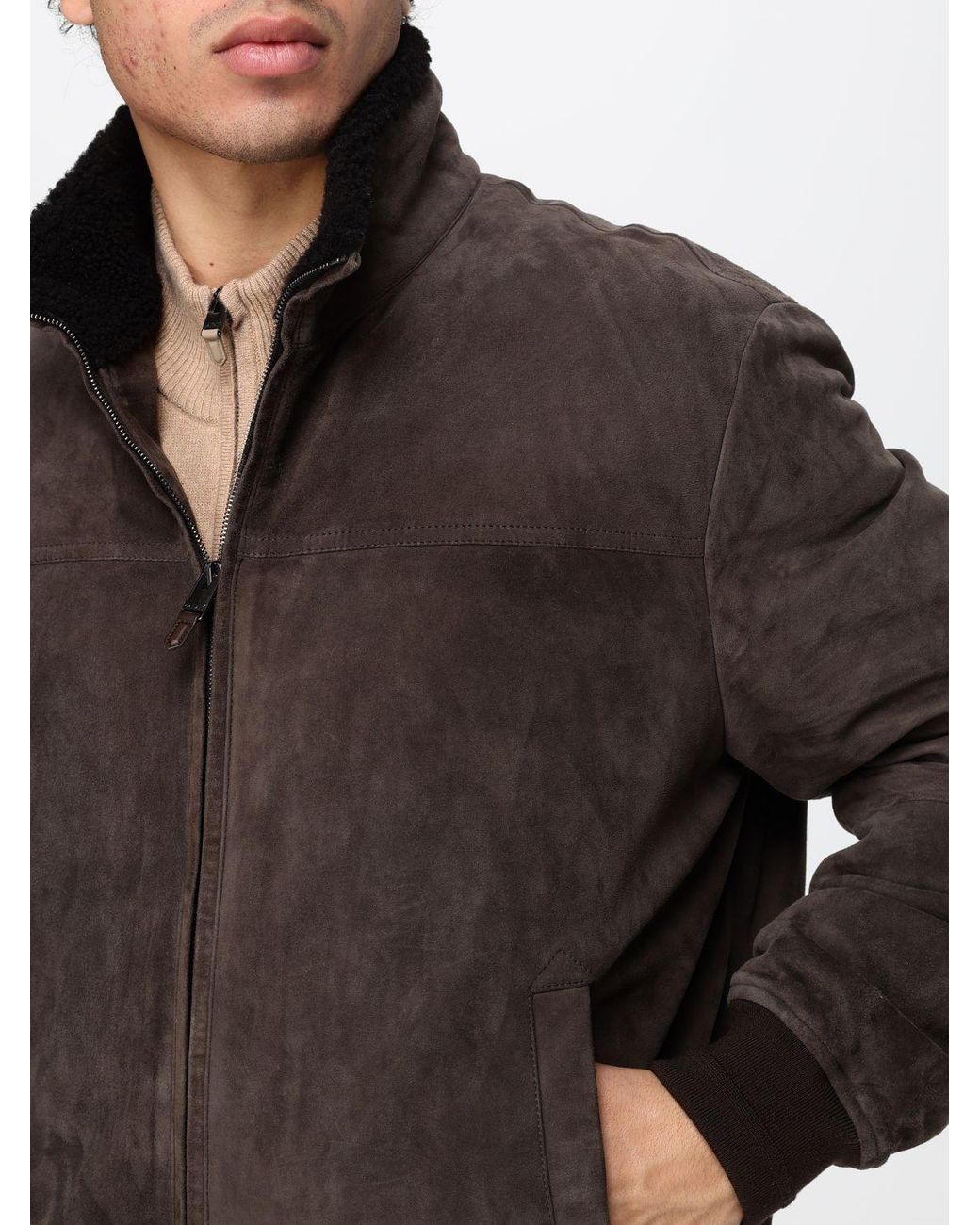 Canali Brown Suede Leather Bomber Jacket With Fur Collar And Elasticated Hem for men