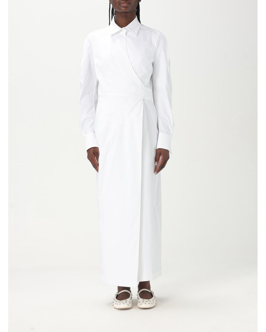 Max Mara White Elegant Wrap Dress With Long Sleeves And Flowing Silhouette