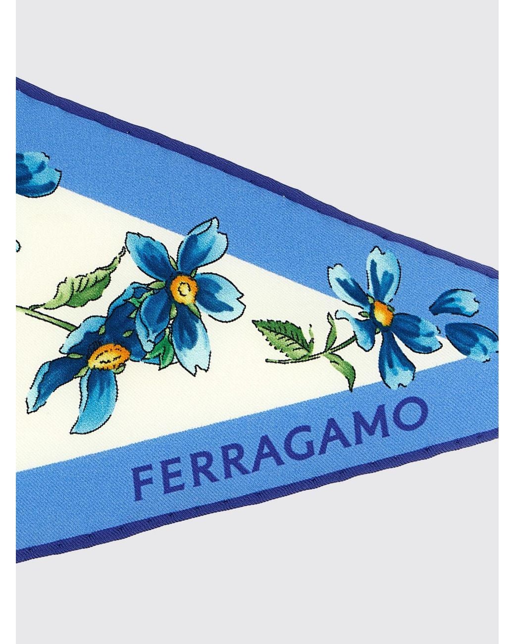 Ferragamo Blue Floral Print Diamond-Shaped Silk Foulard With Asymmetrical Hem