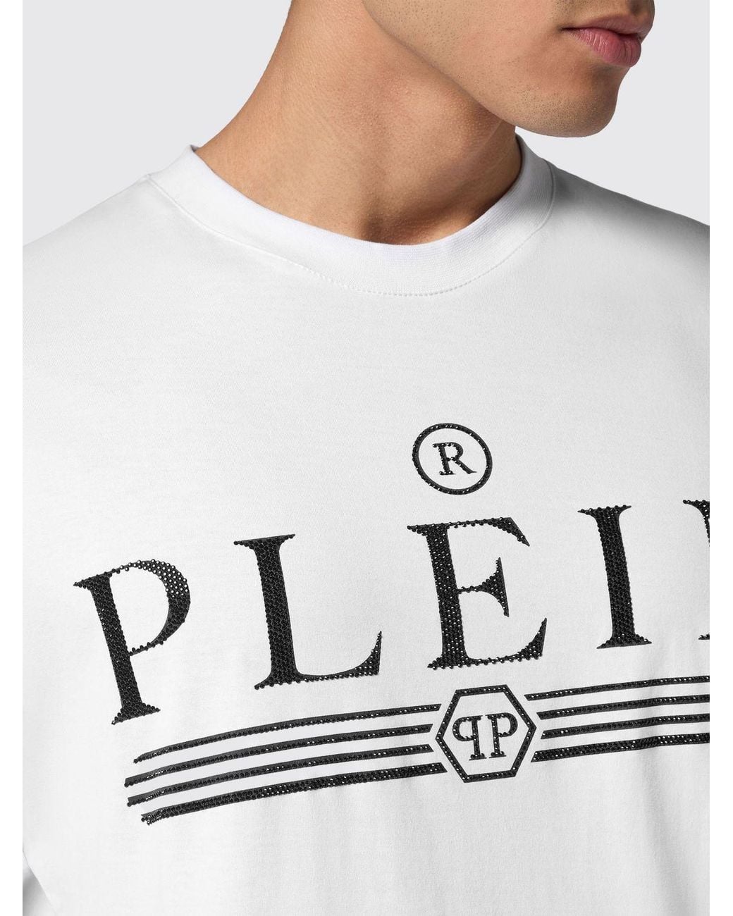 Philipp Plein White Cotton Crew Neck T-Shirt With Rhinestone Logo Lettering for men