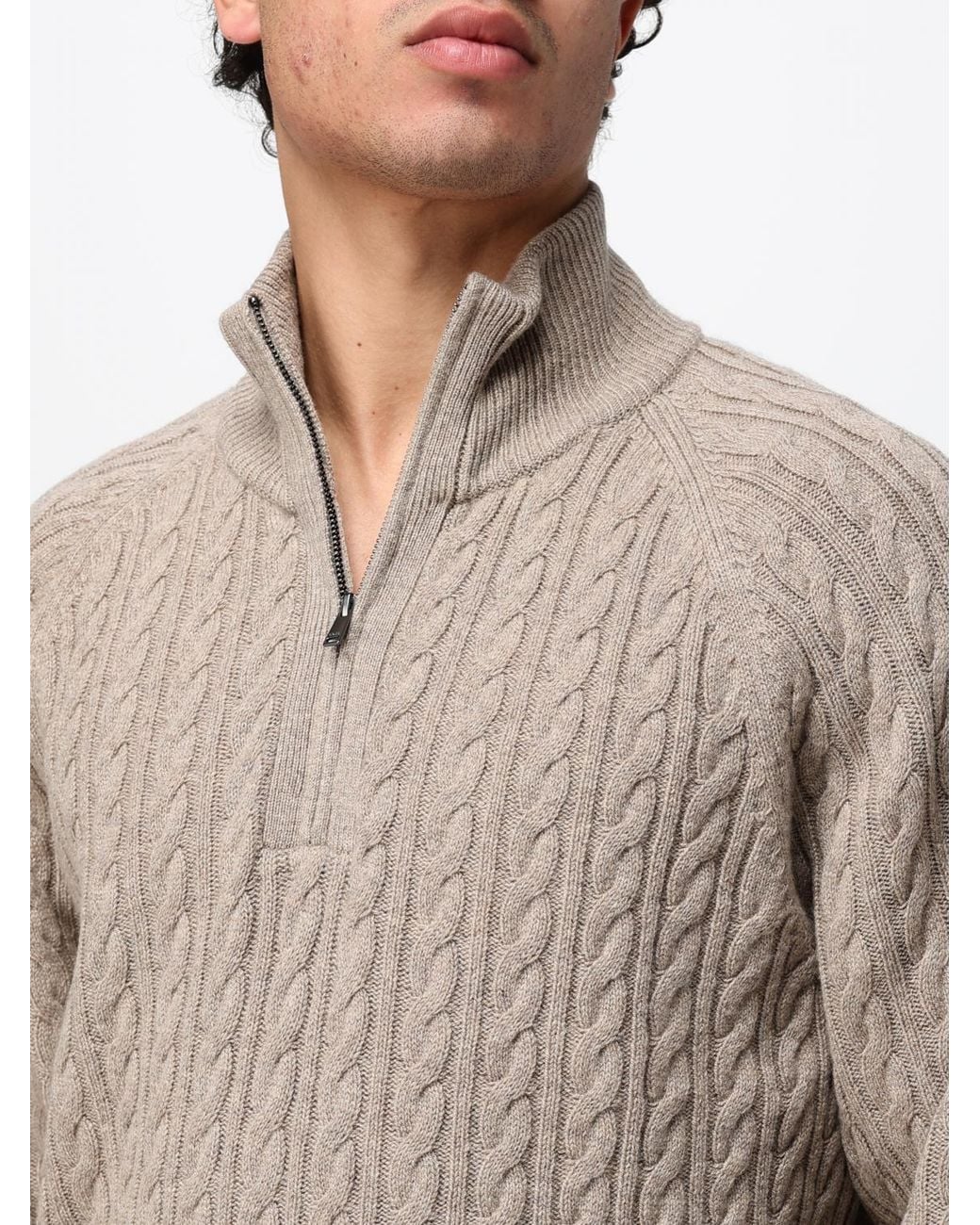 Boss Gray Wool And Cashmere High Neck Jumper With Half-Zip Closure for men