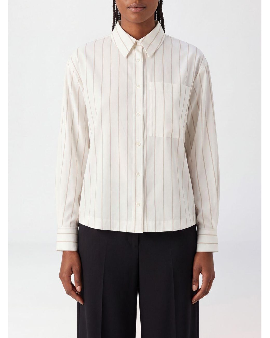 Peserico White Striped Silk-Blend Shirt With Classic Collar And Patch Pockets