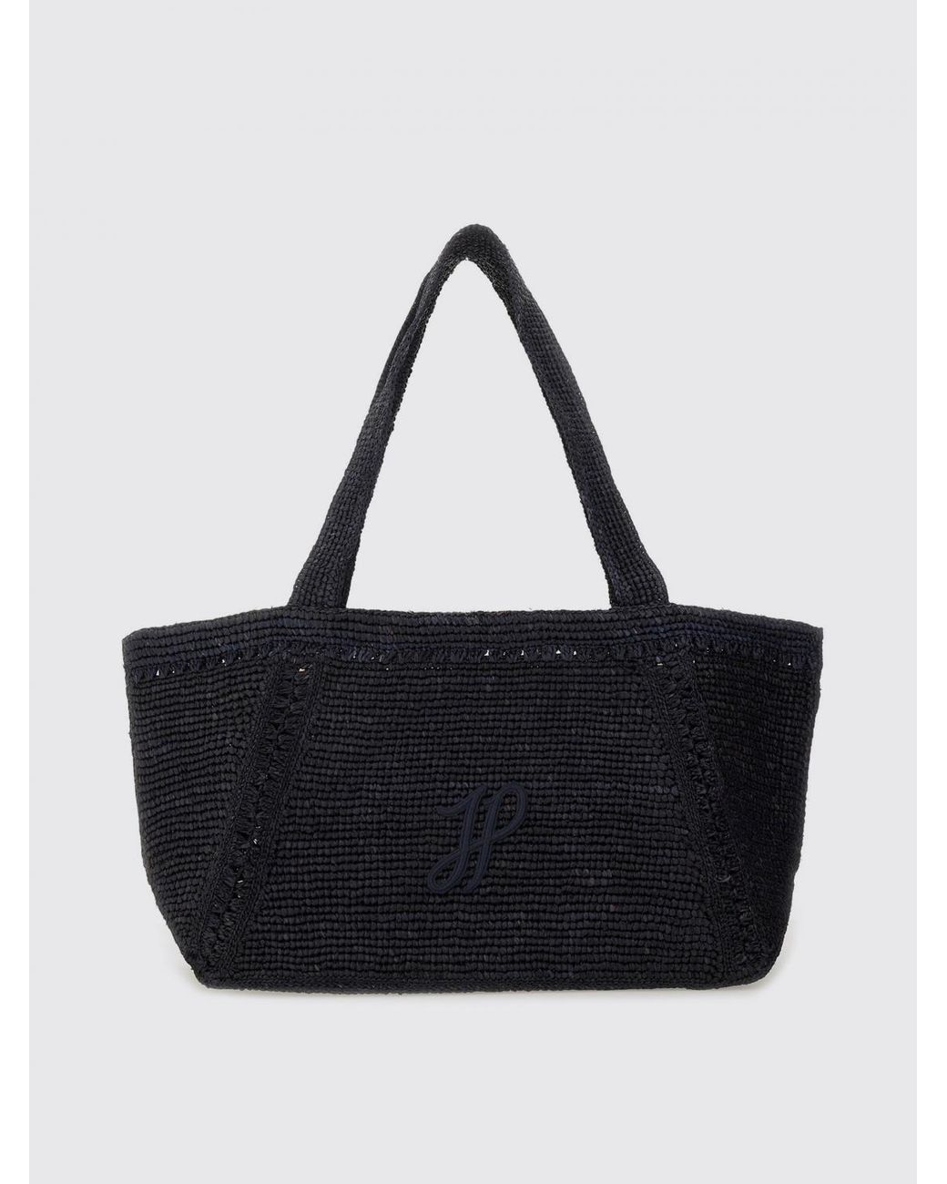 Patou Black Crochet Raffia Bag With Embroidered Logo