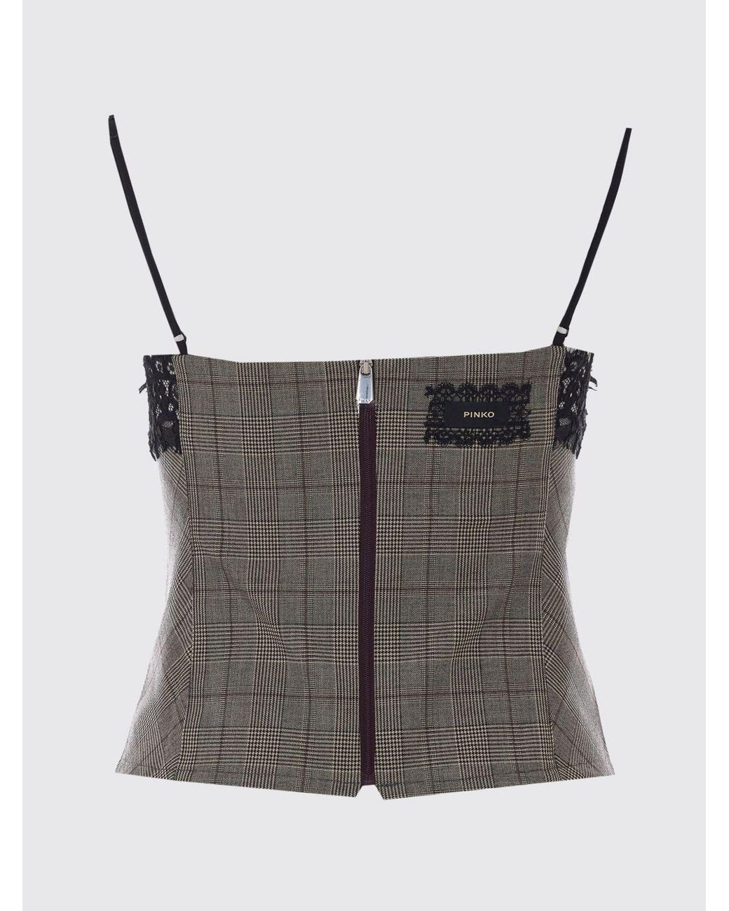 Pinko Blue Prince Of Wales Wool-Blend Top With Lace Inserts And Thin Straps