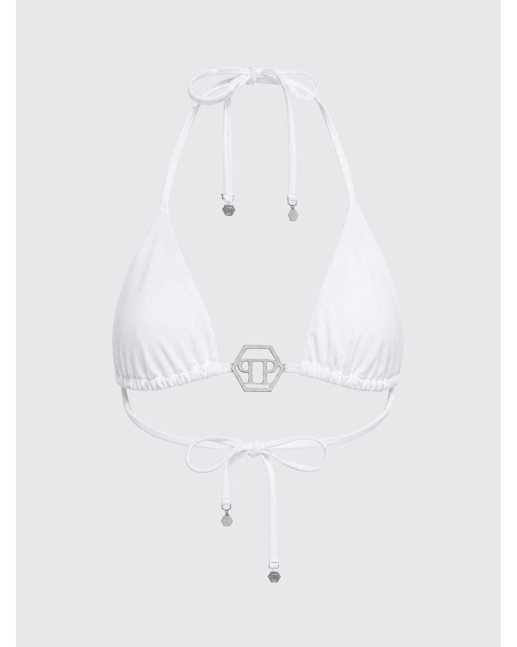 Philipp Plein Natural Triangle Monogram Print Bikini Top With Logo Detail