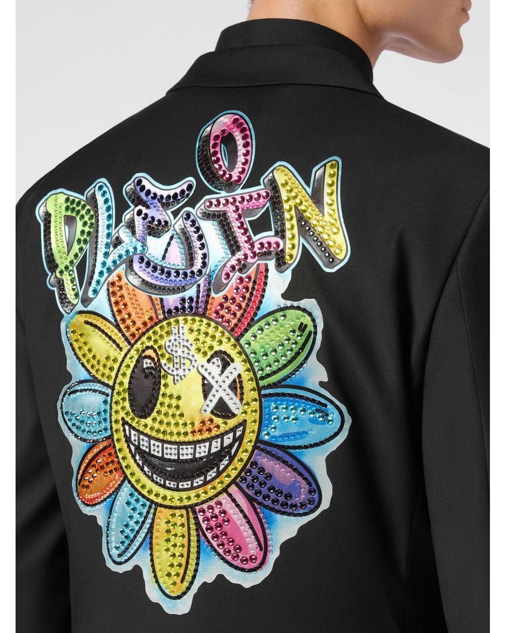 Philipp Plein Black Single-Breasted Blazer With Graphic Print And Rhinestones for men