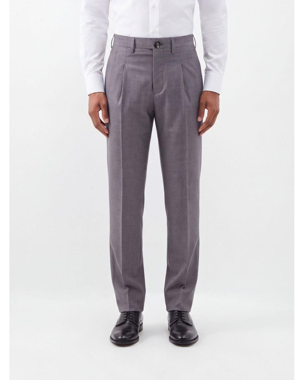 AMI Gray Mid-Rise Pleated Wool Wide-Leg Tailored Trousers for men