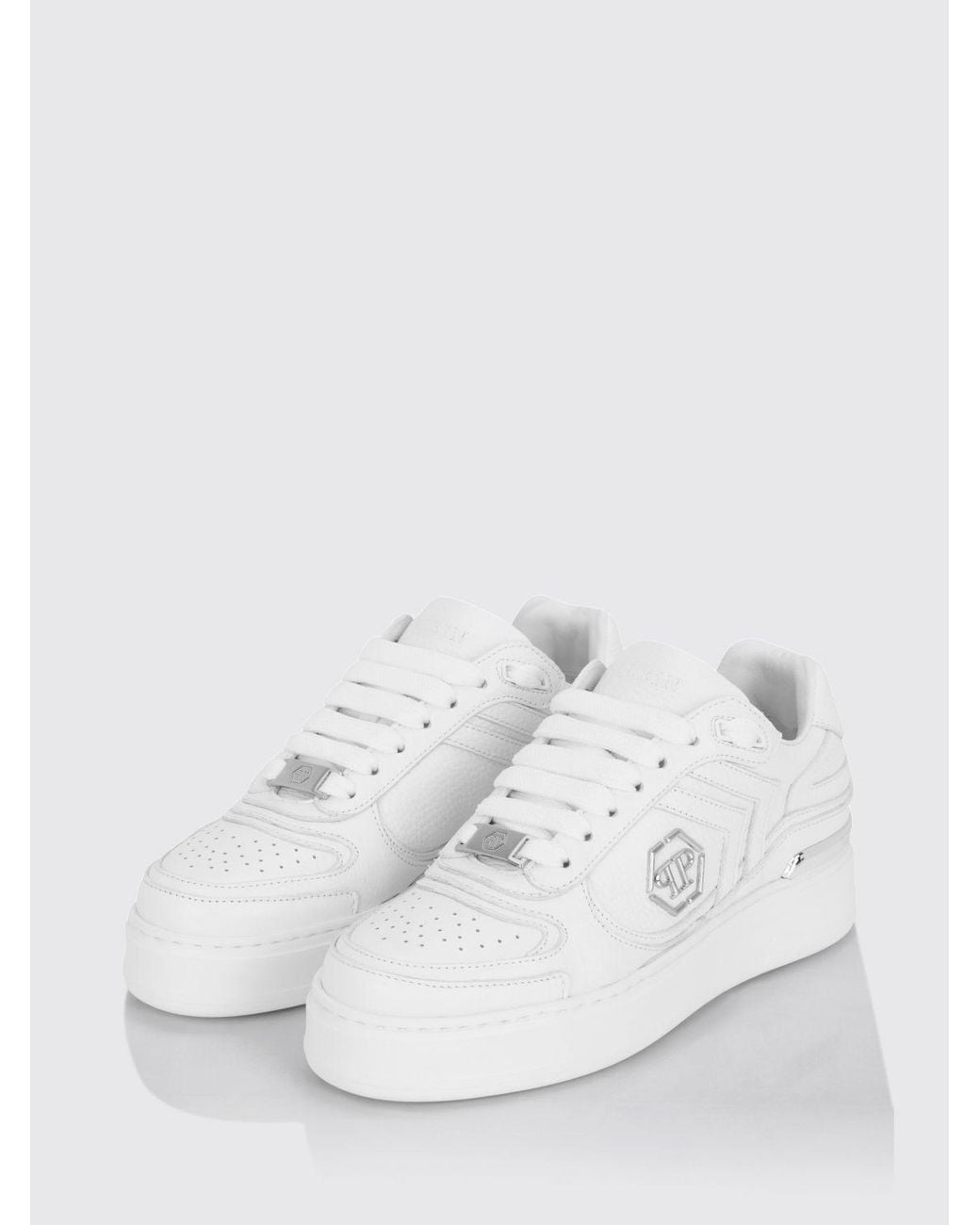 Philipp Plein White Pit-$Top Monogram Leather Low-Top Trainers With Hexagon Logo for men