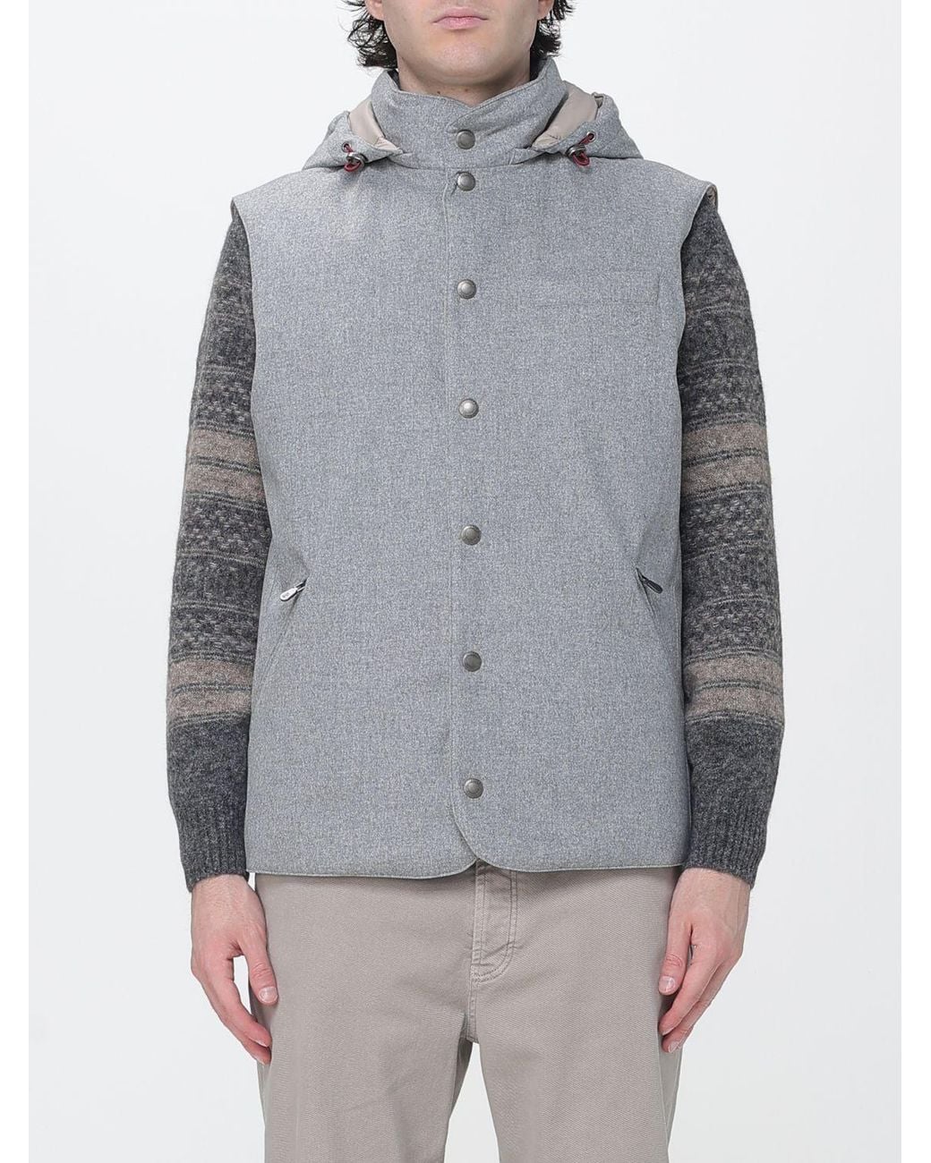 Brunello Cucinelli Gray Padded Wool Vest With Detachable Hood for men