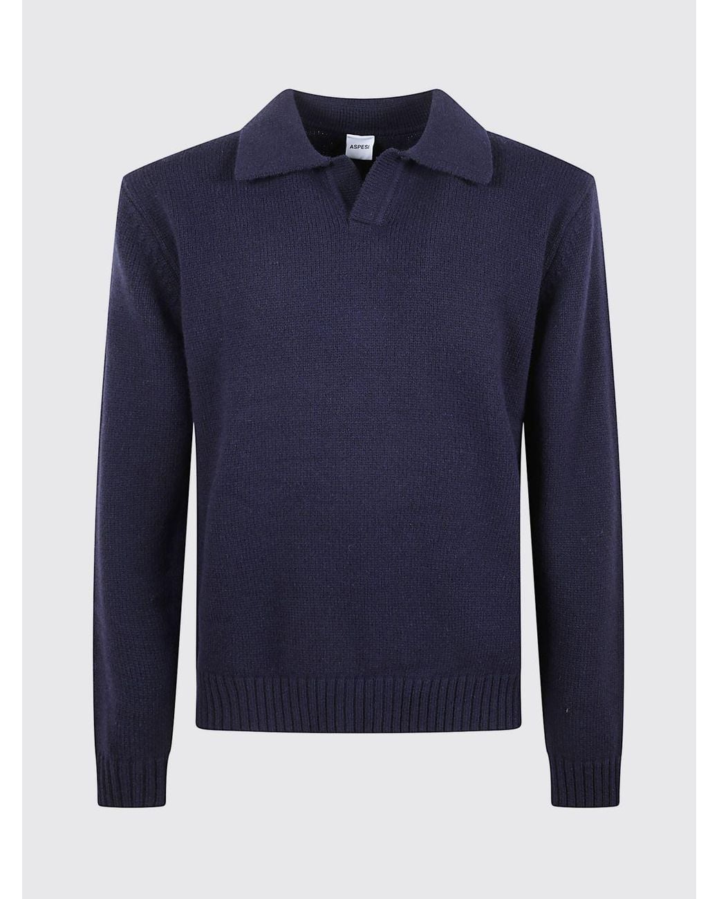 Aspesi Blue Long-Sleeved Wool Knit Polo Shirt With A Classic Collar for men