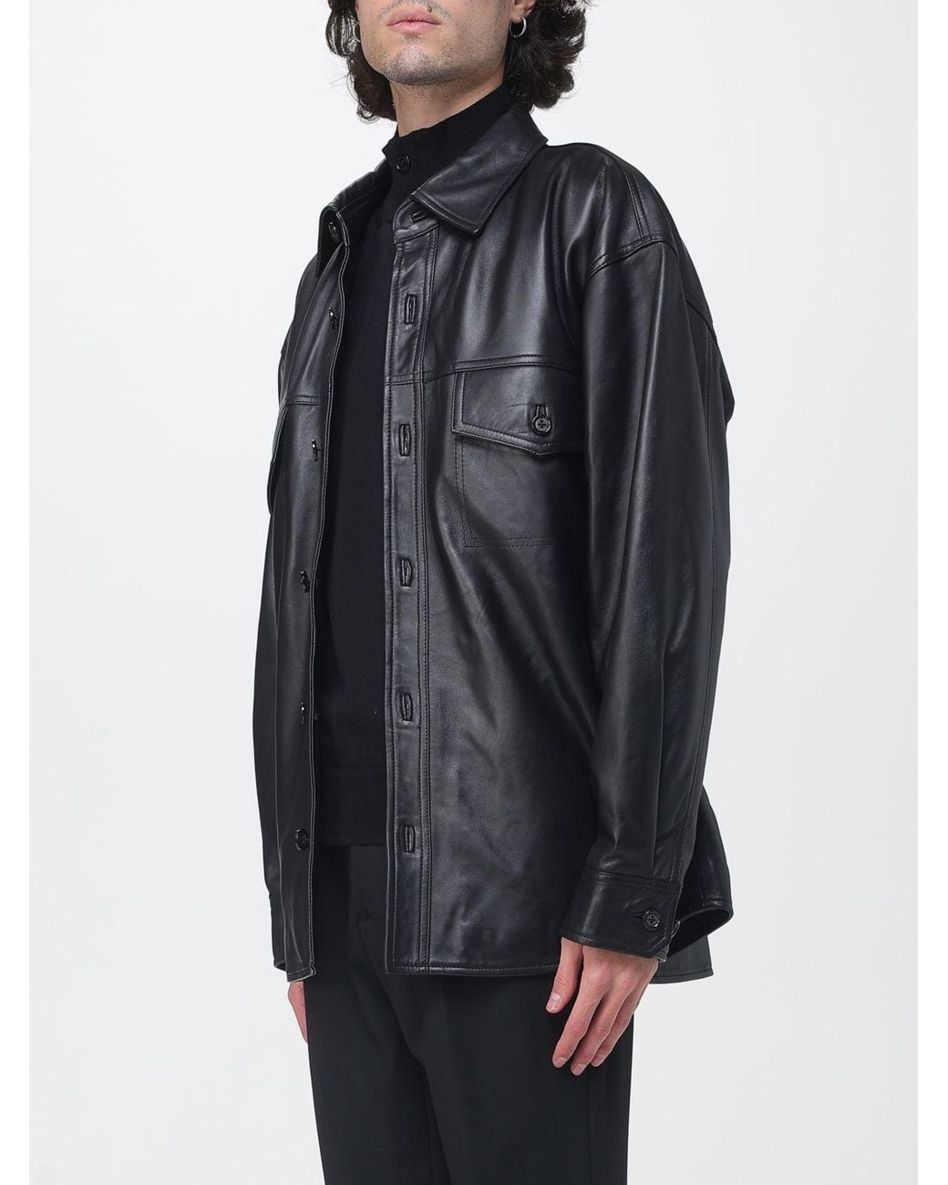 Paolo Pecora Gray Oversize Leather Shirt Jacket With Patch Pockets for men