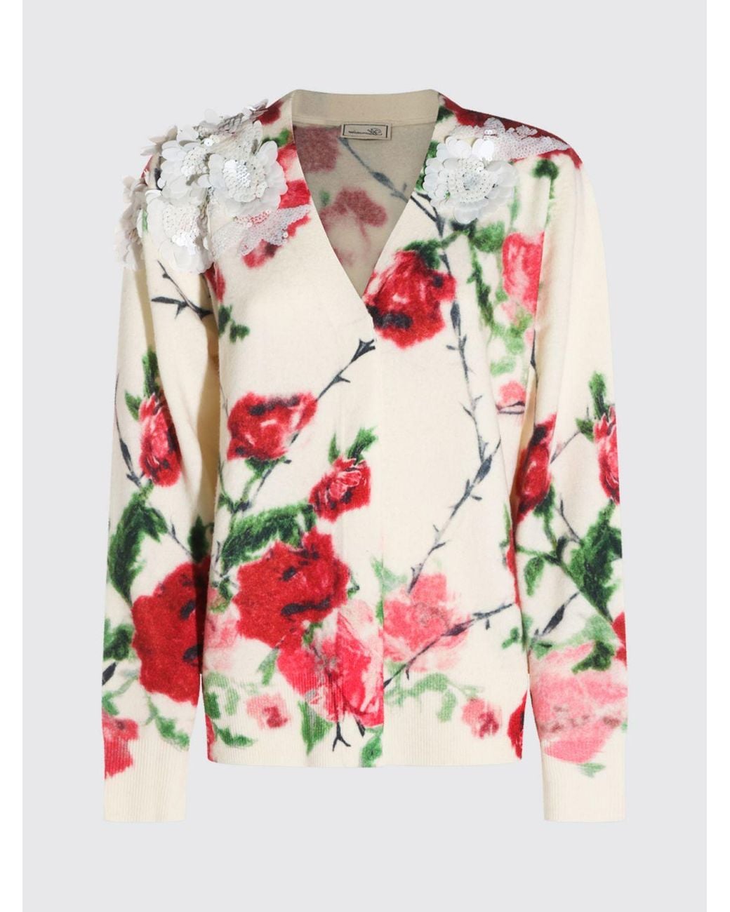 Blumarine Red Wool And Cashmere Cardigan With Floral Embroidery And Sequins