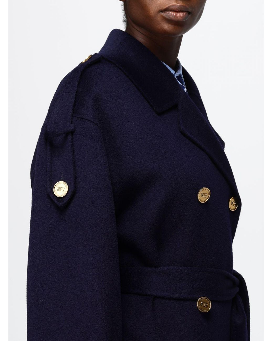 Elisabetta Franchi Blue Double-Breasted Long Wool Coat With Belt