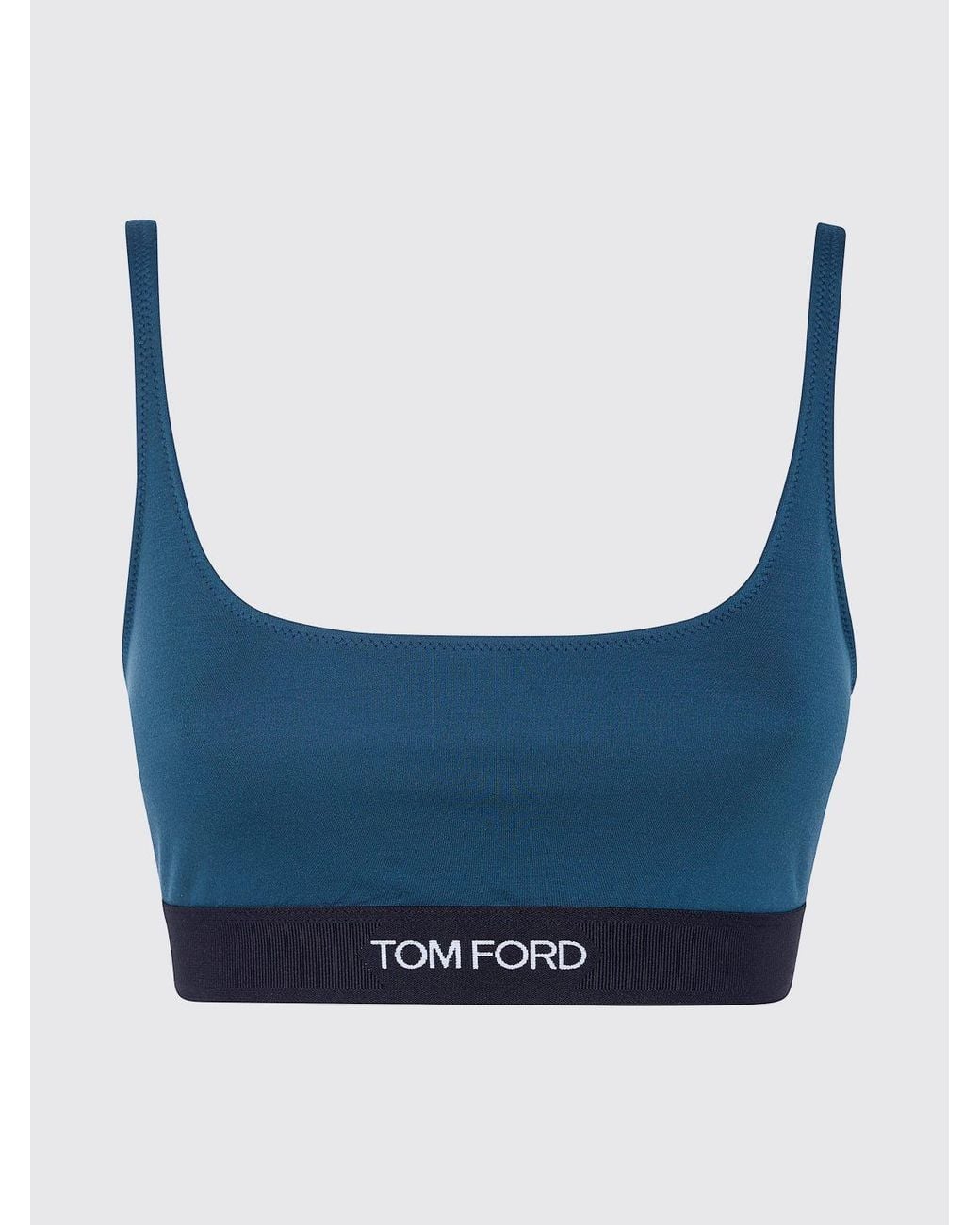 Tom Ford Blue Cropped Modal Bralette Top With Contrast Logo Band