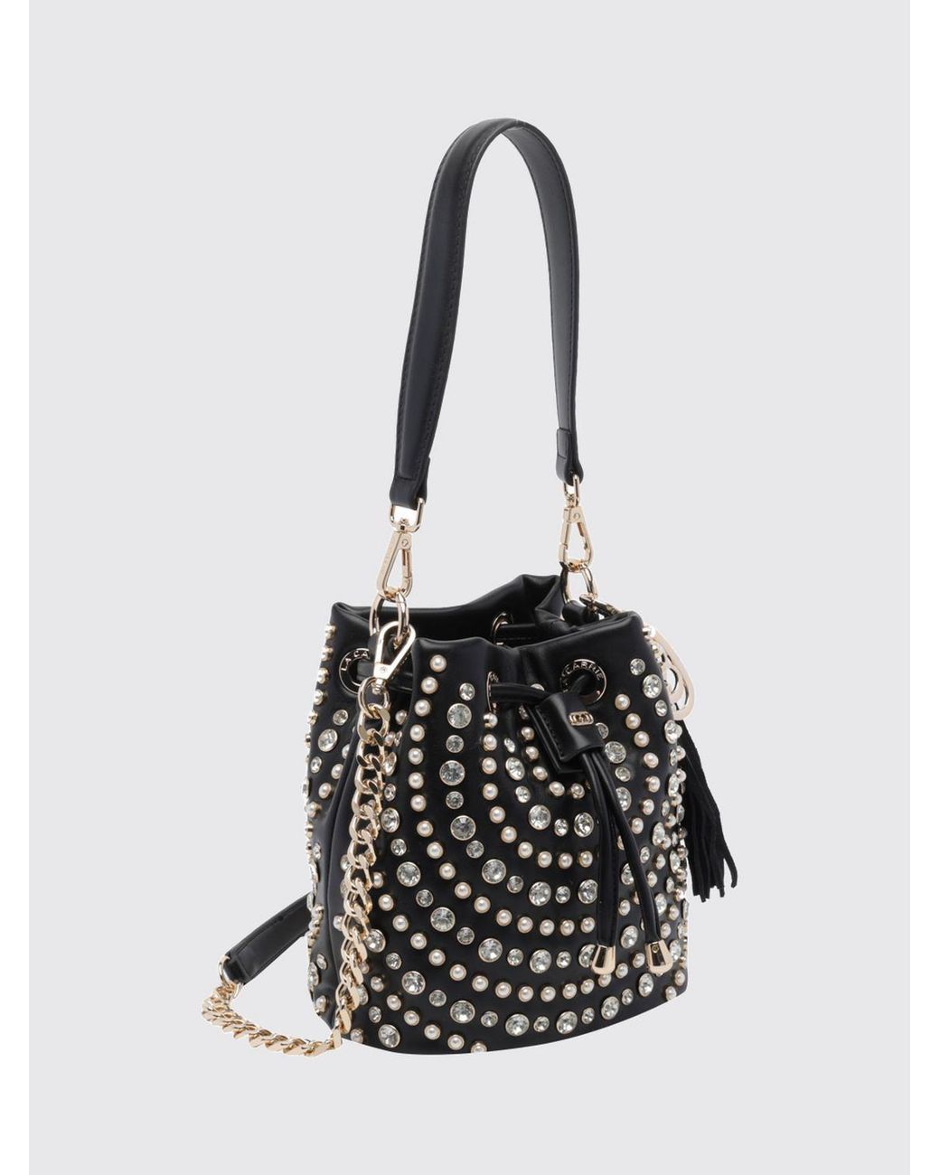 La Carrie White Polyurethane Mini Bucket Bag With Rhinestone Embroidery