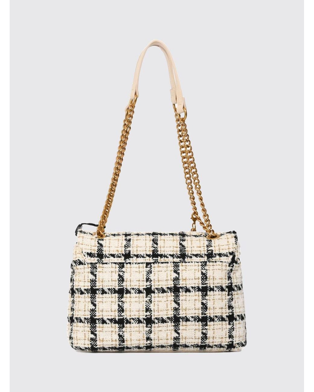 Twinset White Check Bouclé Shoulder Bag With Charm And Chain Handle