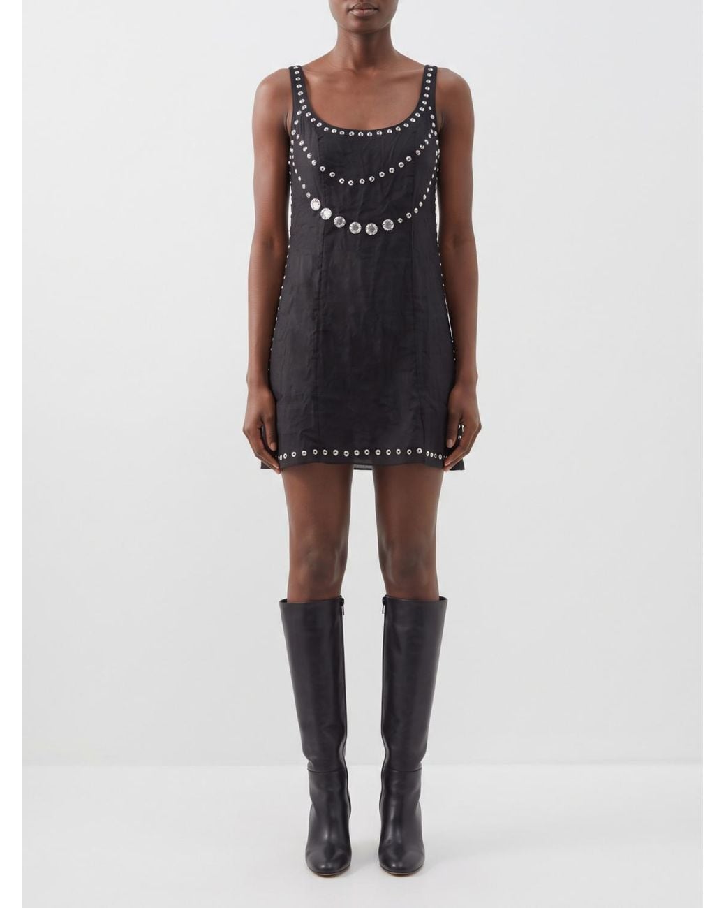 GIMAGUAS Black Gimagguas Off-The-Shoulder Studded Silk Sheath Mini Dress