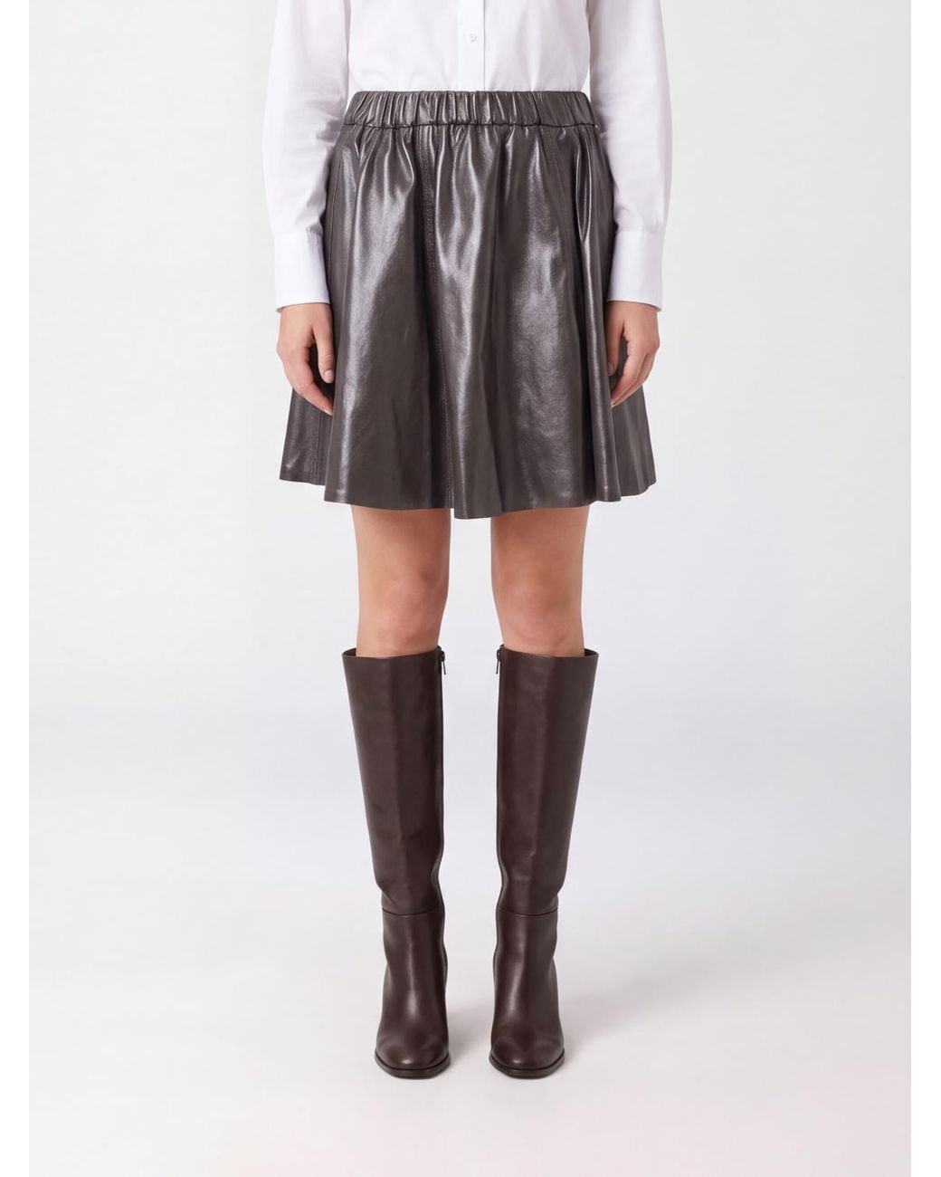 Brunello Cucinelli Brown High-Waisted Lambskin Leather A-Line Mini Skirt