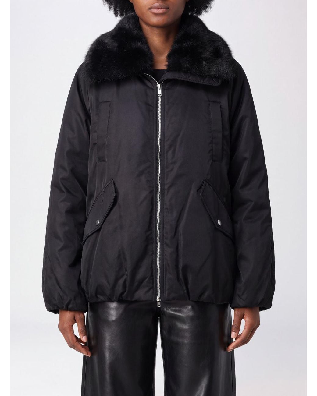 Stand Studio Black Thilda Recycled Nylon Bomber Jacket With Fur Collar