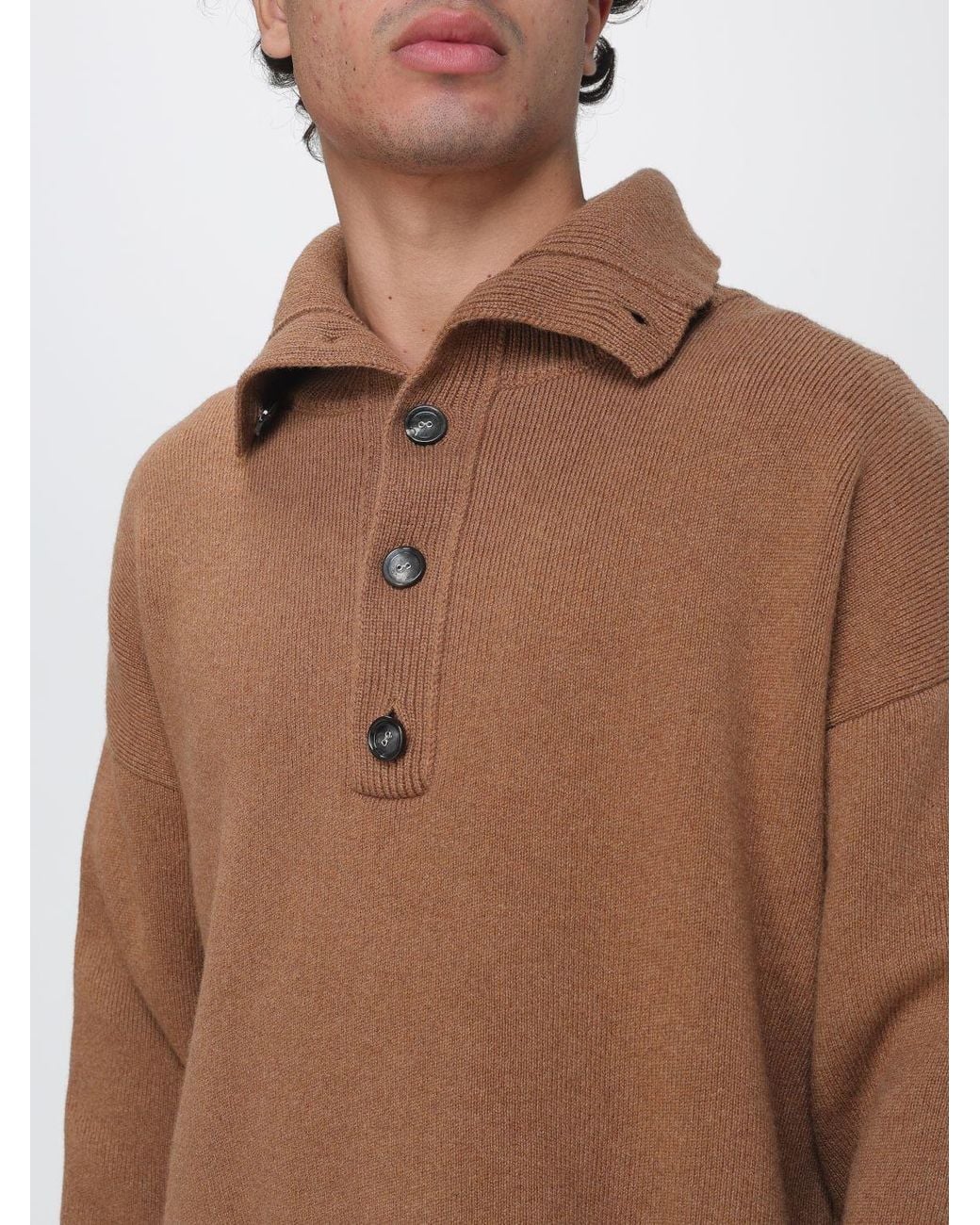 AMI Brown High Neck Wool Jumper With 4-Button Placket for men