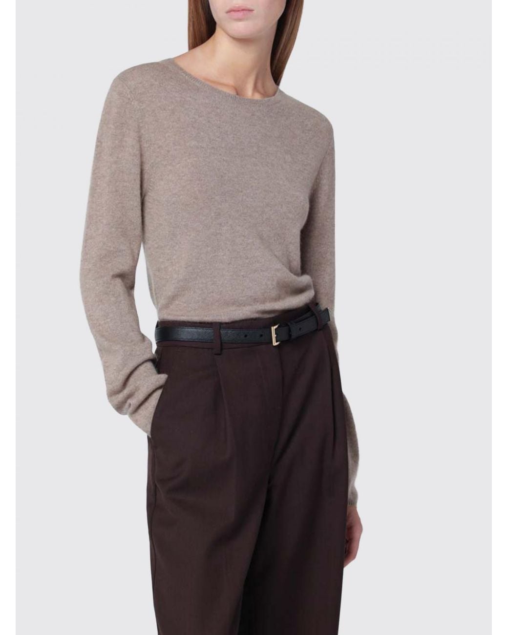 Almada Label Gray Crewneck Pure Cashmere Sweater With Ribbed Trims