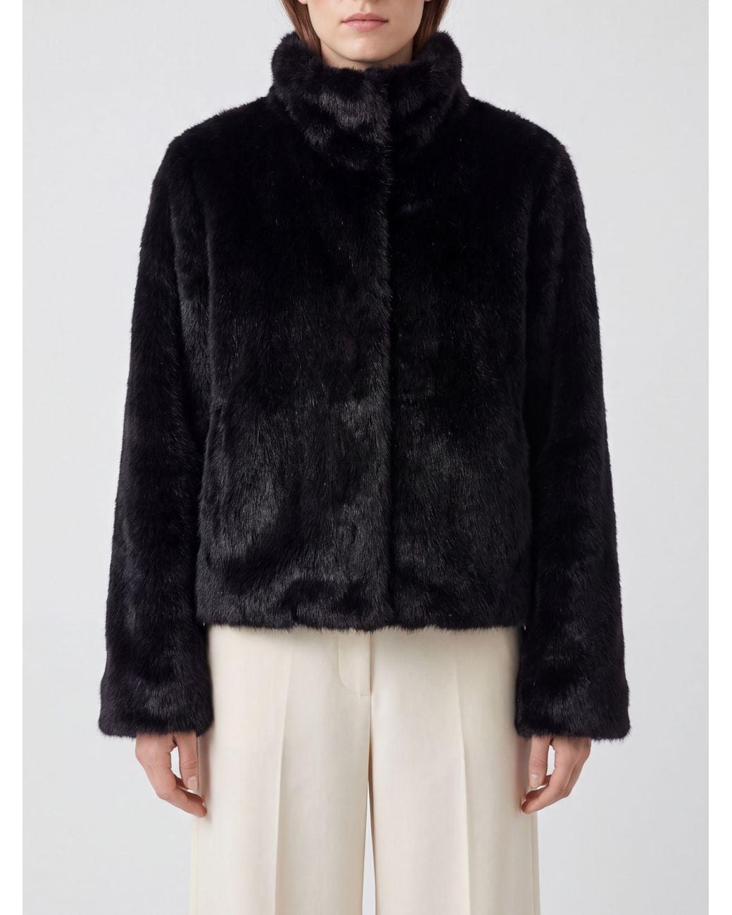 Forte_forte Blue Cropped Faux Fur Coat With Funnel Neck And Dropped Shoulders