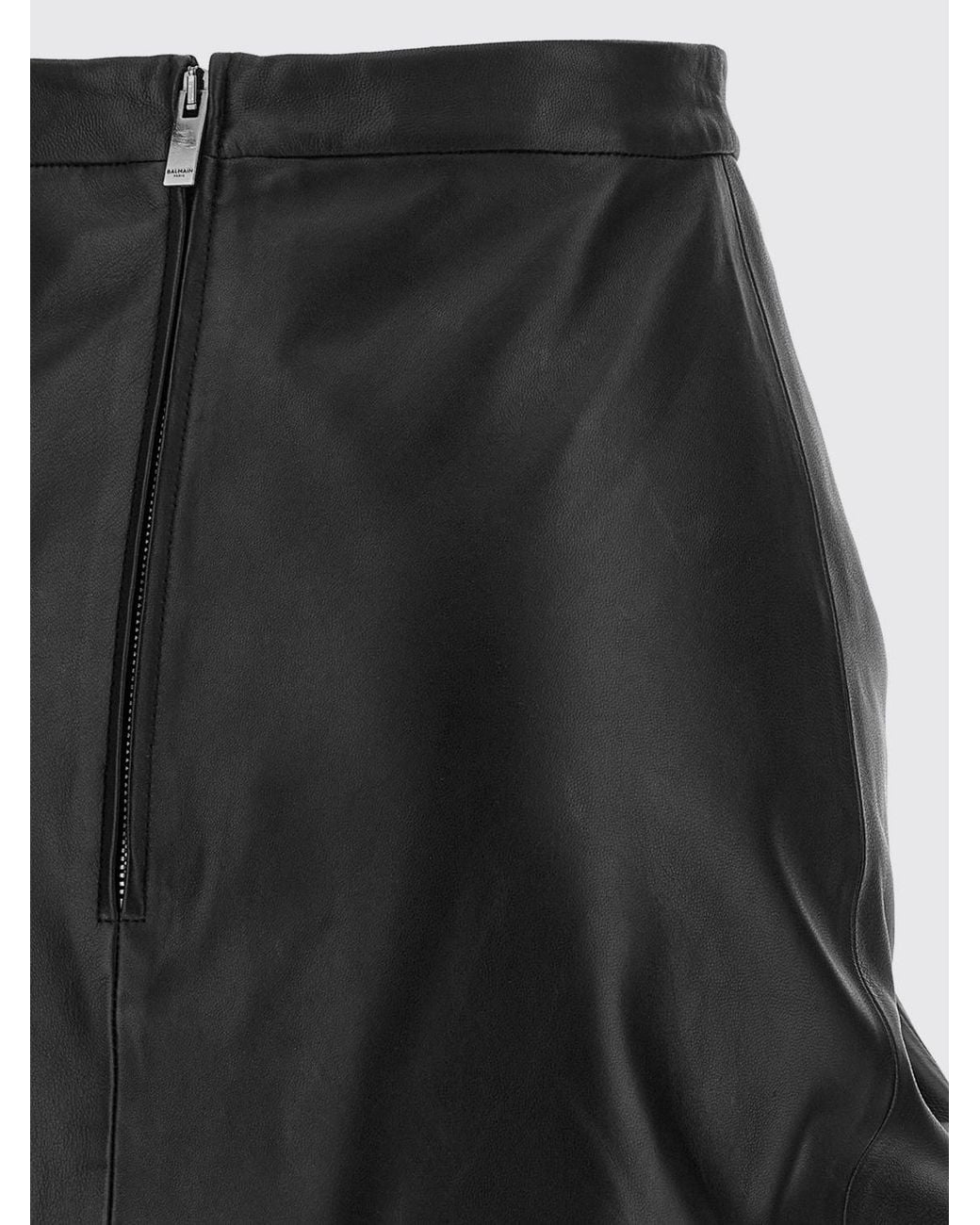 Balmain Black Draped Asymmetric Lambskin Leather Midi Skirt