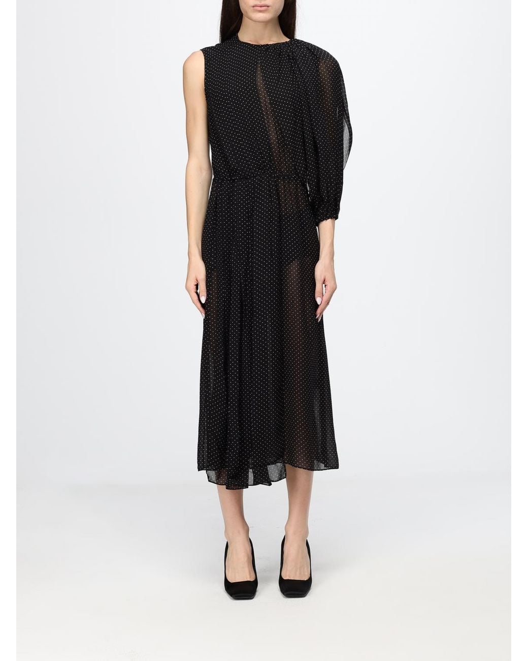 Crida Milano Black Polka-Dot Georgette One-Shoulder Midi Dress