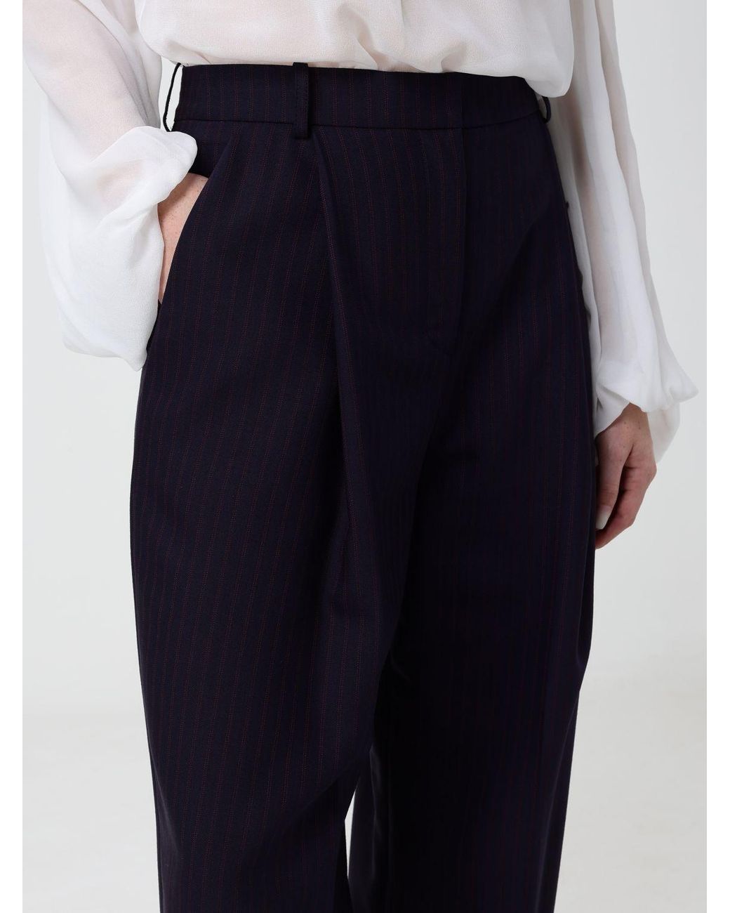 Elisabetta Franchi Blue High-Waisted Pinstripe Wool Blend Palazzo Trousers