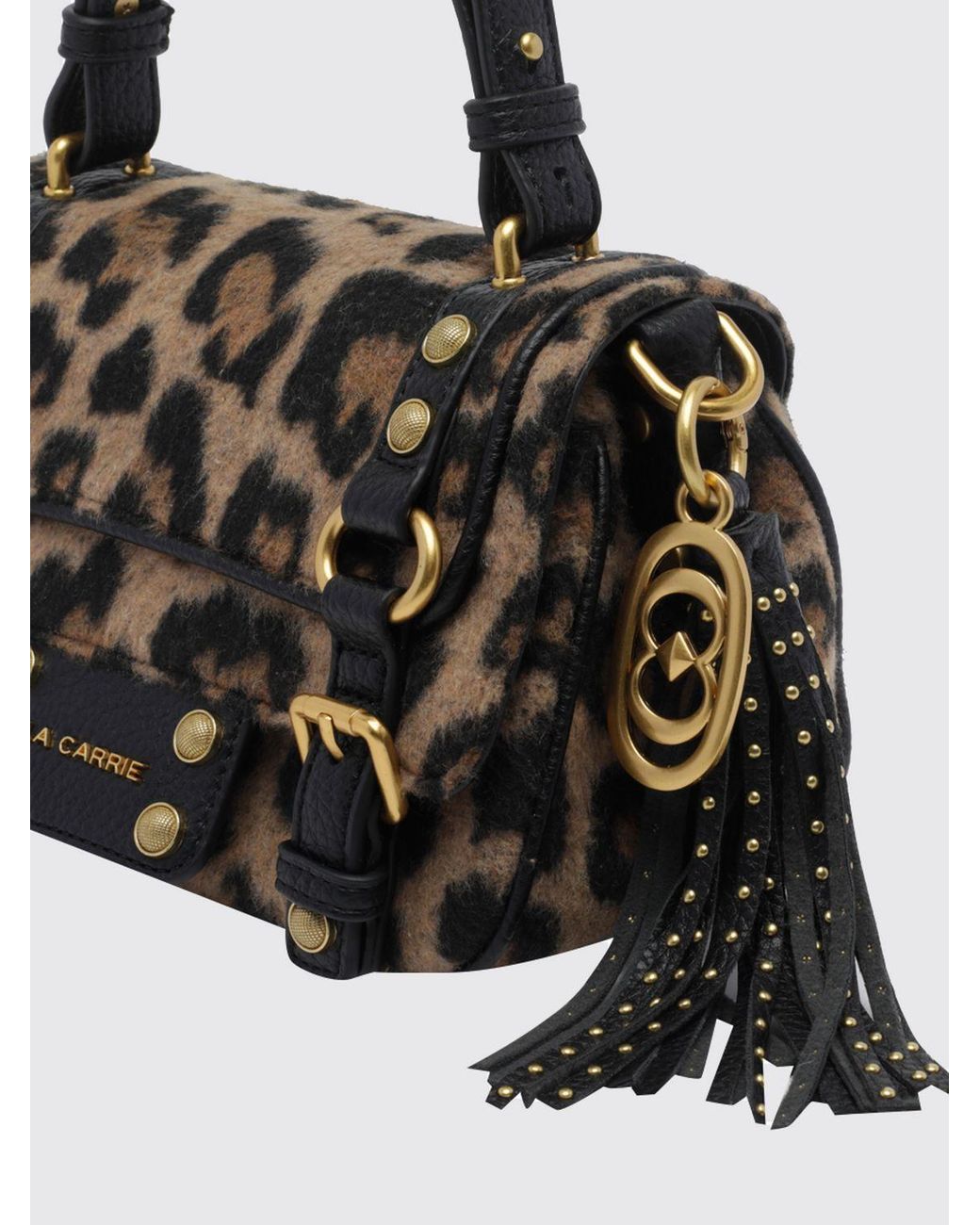 La Carrie Black Animal Print Mini Handbag With Fringes And A Logo Charm