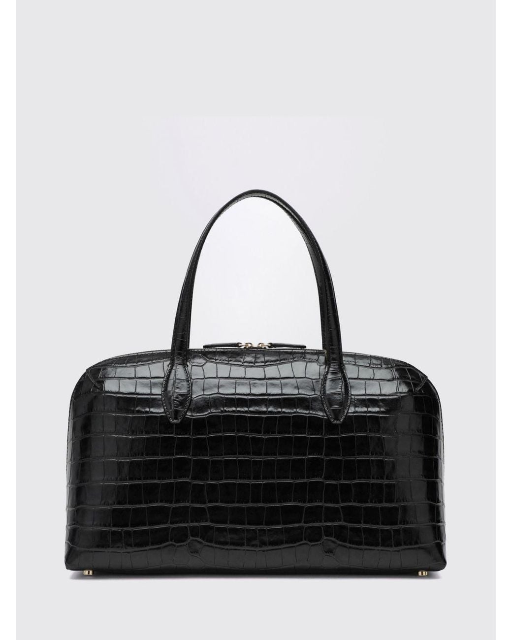 Totême Black Leather Handbag With Croc Print, Double Handle And Shoulder Strap