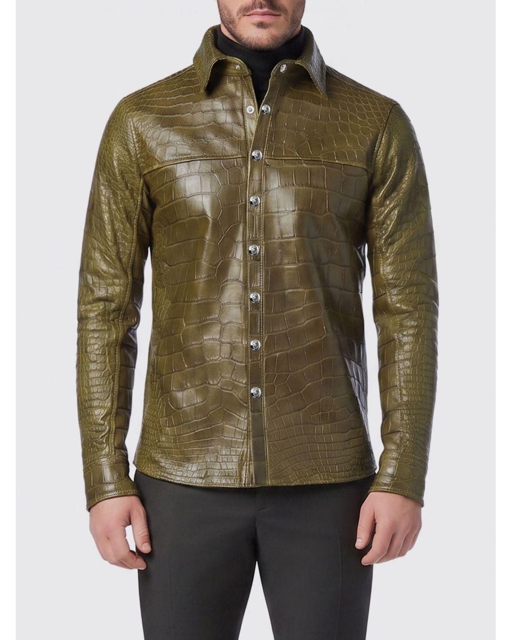 Billionaire Green Crocodile Print Leather Shirt for men