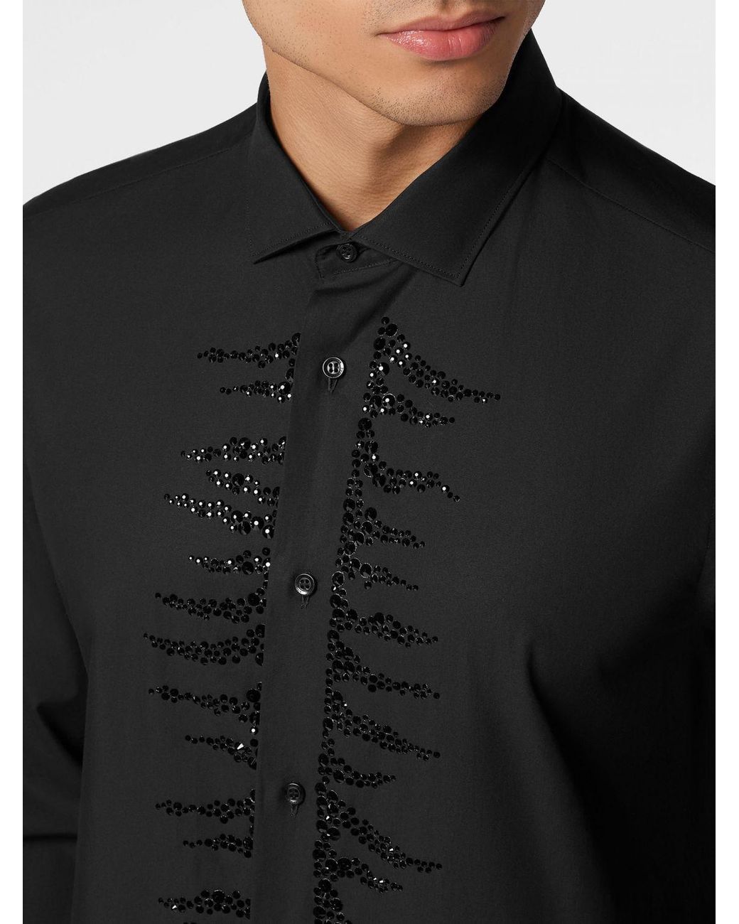 Philipp Plein Black Cotton Poplin Shirt With Rhinestones for men