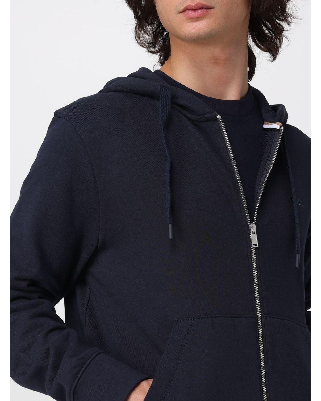 Boss Blue Cotton Zip-Up Hoodie Sweatshirt With Drawstring for men