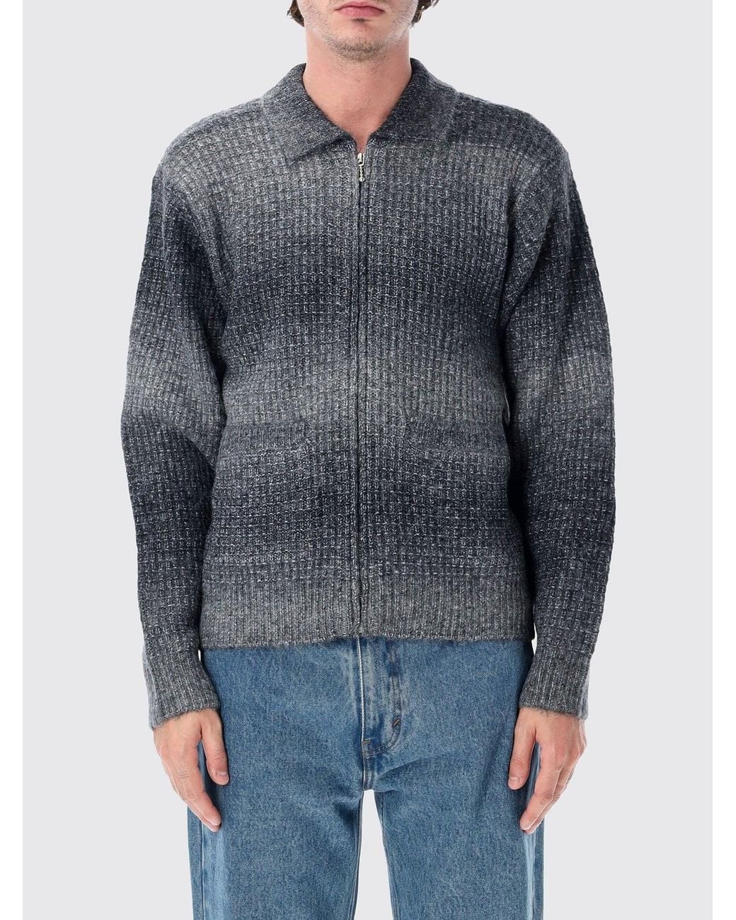 Obey Blue Abstract Pattern Wool-Blend Zip-Up Polo Jumper for men