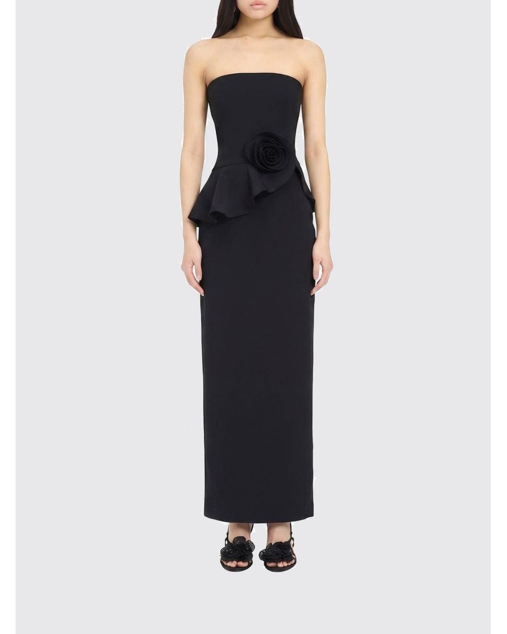 ROTATE BIRGER CHRISTENSEN Black Off-The-Shoulder Crêpe Sheath Gown With Flower Detail