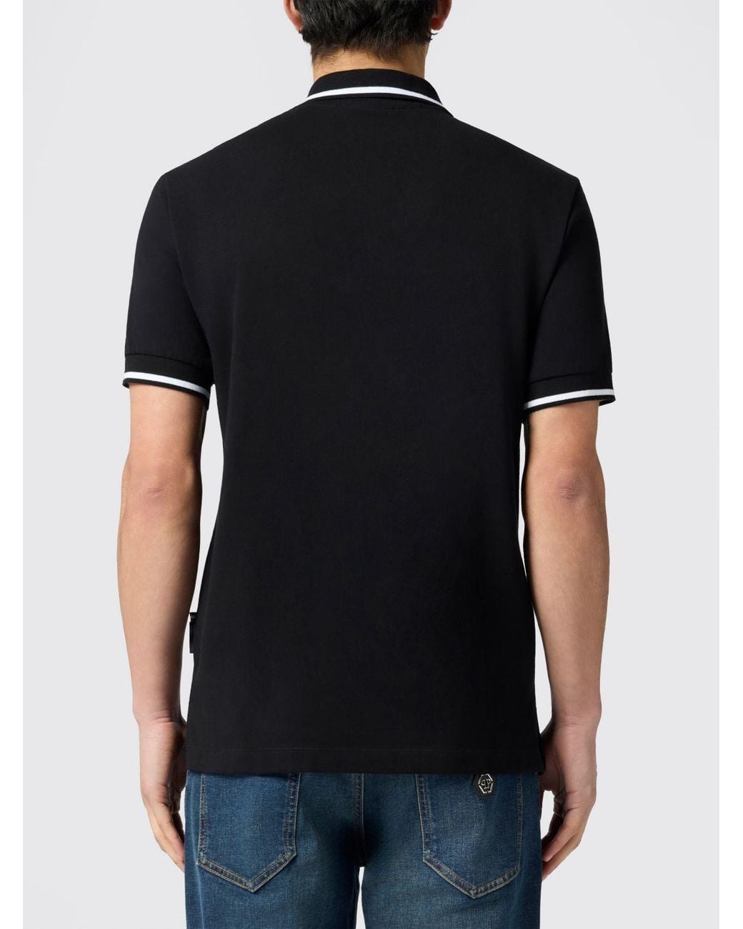 Philipp Plein Black Cotton Piqué Polo Shirt With Hexagon Logo Patch for men