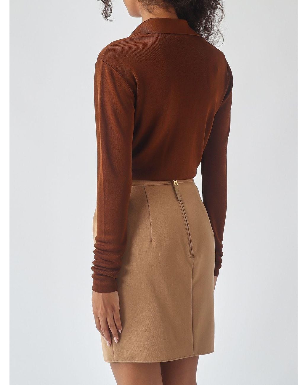 Elisabetta Franchi Brown Long-Sleeved Blouse With Metallic Mesh Details