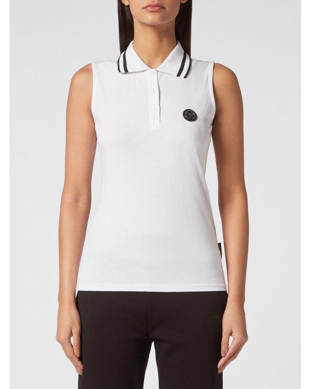 Philipp Plein White Sleeveless Cotton Polo Shirt With Striped Collar