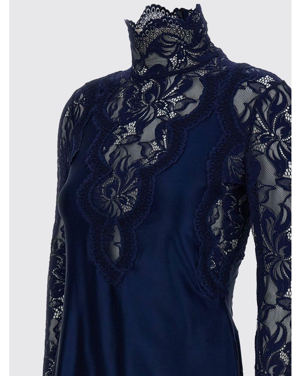 Rabanne Blue Long-Sleeved Lace Roll Neck Top With Slim Fit