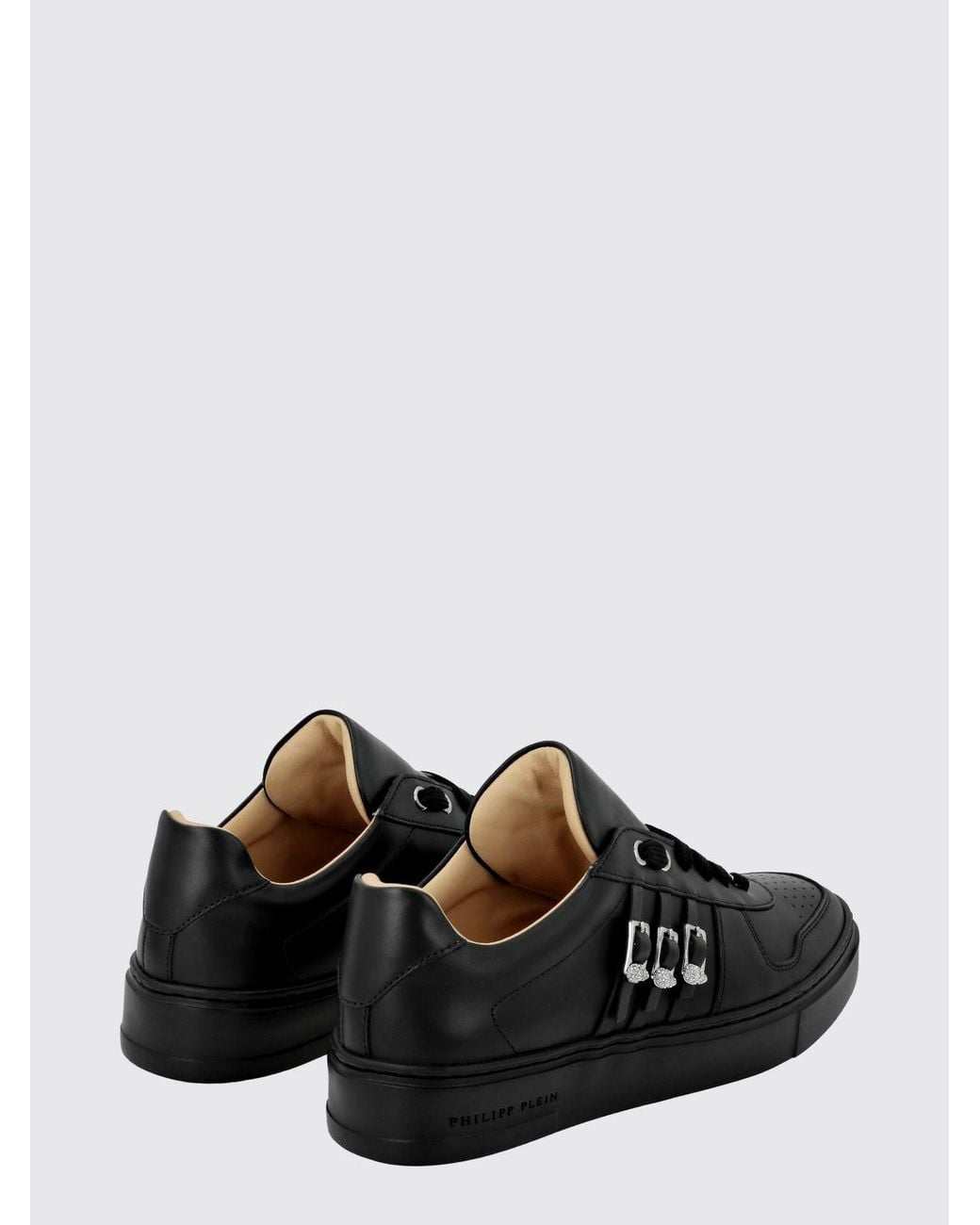 Philipp Plein Black Smooth Leather Low-Top Sneakers With Jewel Buckle And Engraved Logo