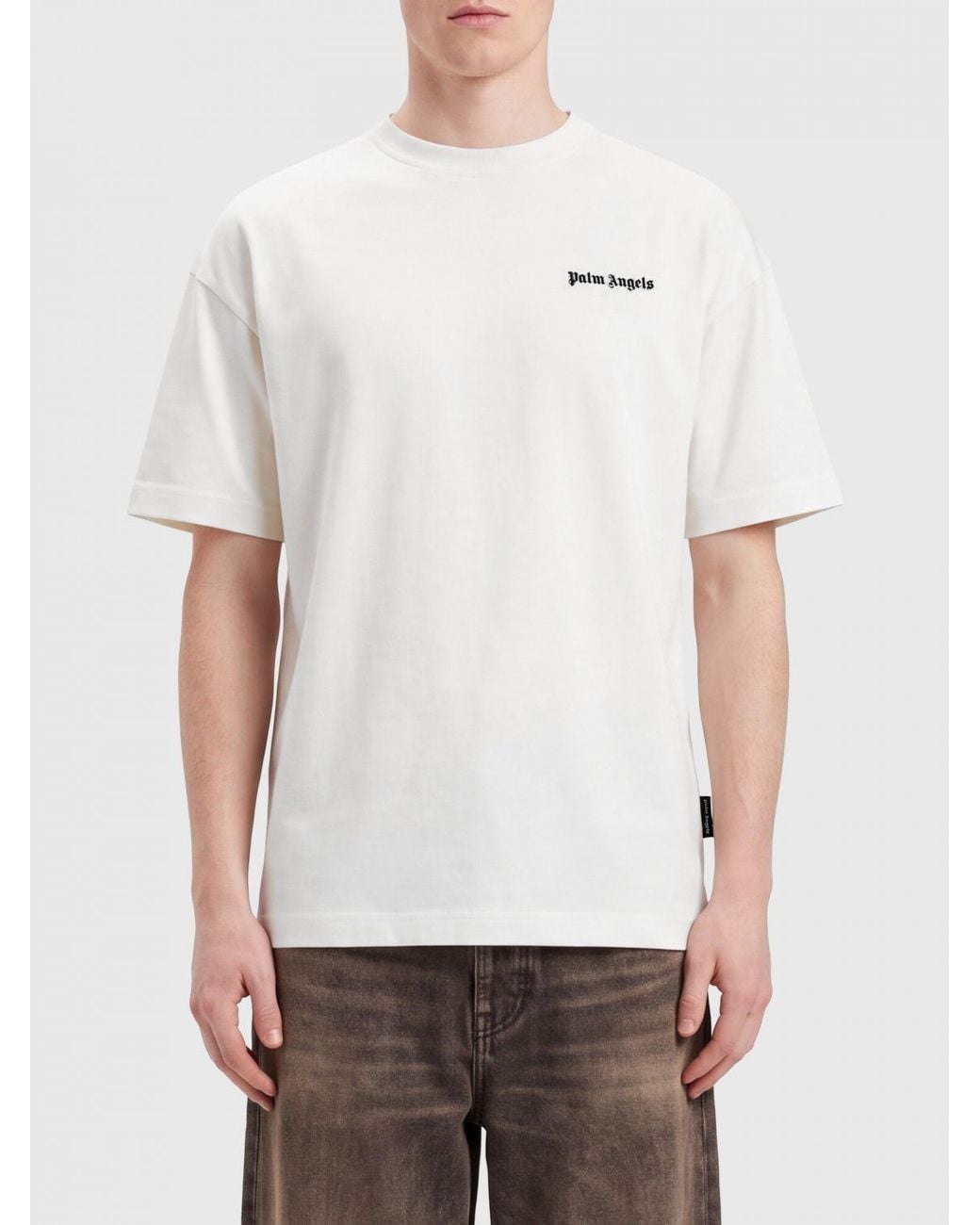 Palm Angels White Cotton Crew Neck T-Shirt With Contrast Logo for men